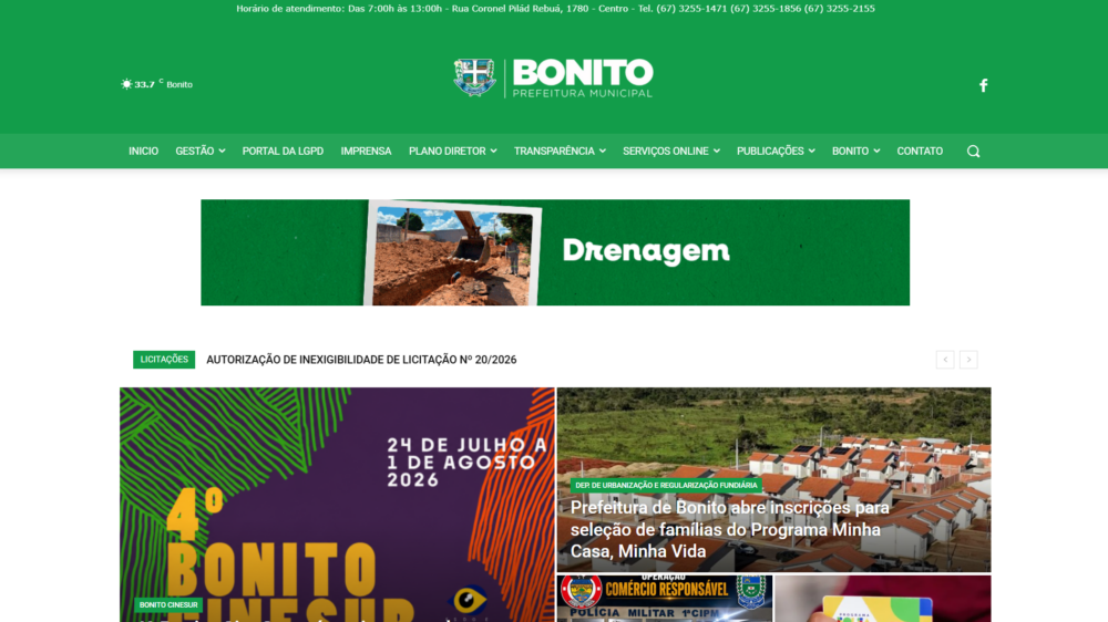Site Prefeitura de Bonito/MS